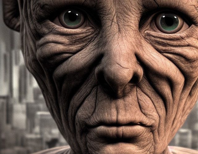 AI artwork depicting an old looking alien with an intense stare and wise eyes