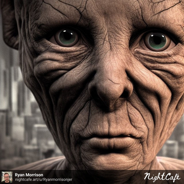 AI artwork depicting an old looking alien with an intense stare and wise eyes