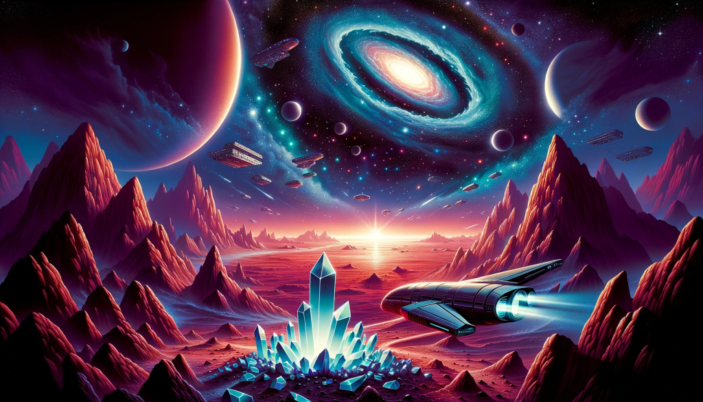 Prompt: The majestic Martian landscape unfurls at twilight, with the 'Celestial Voyager' prominently positioned, hinting at the adventures within. The glowing crystal, the heart of the story, shines brilliantly amongst the Martian rocks. The sky above teems with stars, and a wormhole reveals tantalising glimpses of distant galaxies and otherworldly ships, beckoning readers to dive into the mysteries of the universe. The bold title, "Luminarium Legacy", crowns the scene, promising a tale of discovery, wonder, and cosmic unity.